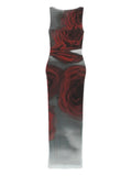 Jean Paul Gaultier Rose Print Midi Dress — White/ Grey/ Red — Size XS — Front View