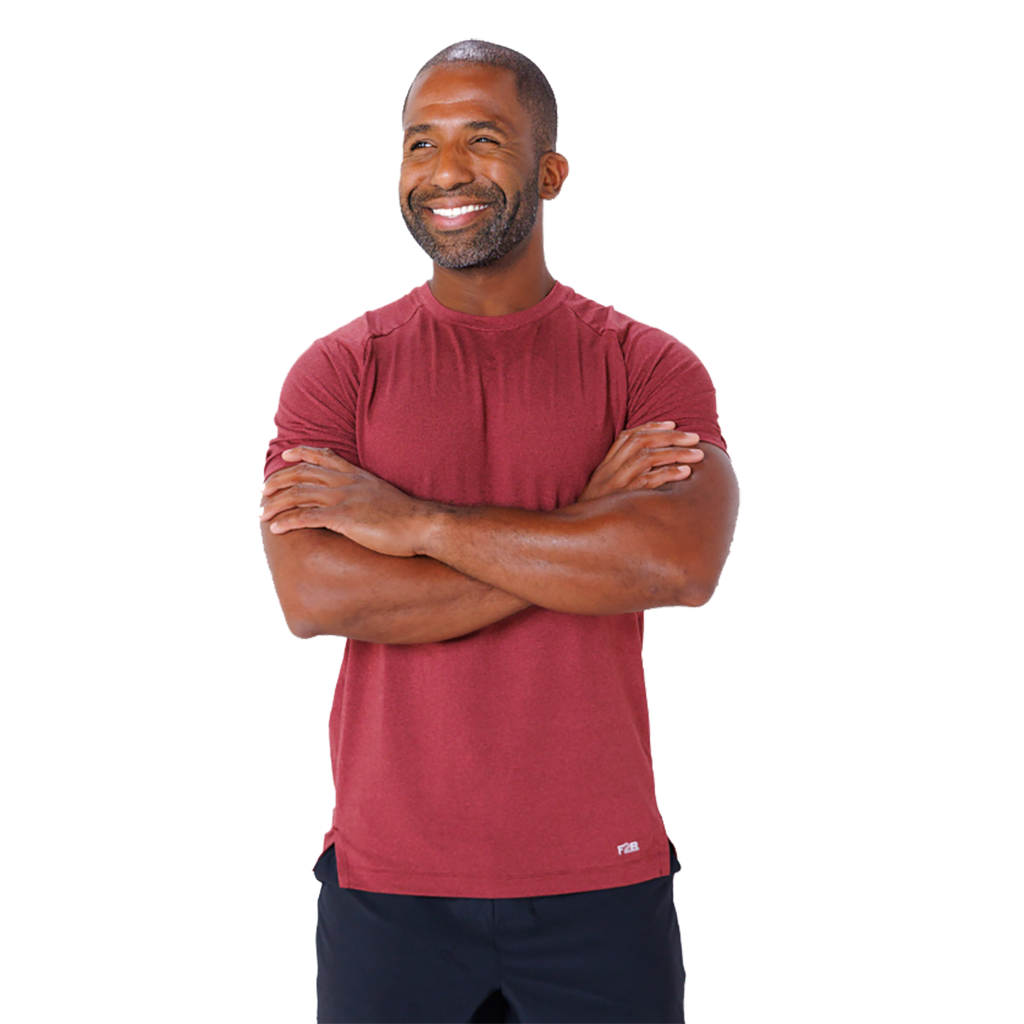 F2R Cationic Jersey Crew  Shortsleeve — Heather Red Mahogany — Size Small — Lifestyle View