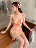 Fashion Floral Strap Dress Women — Pink Dress — Size L — Back View