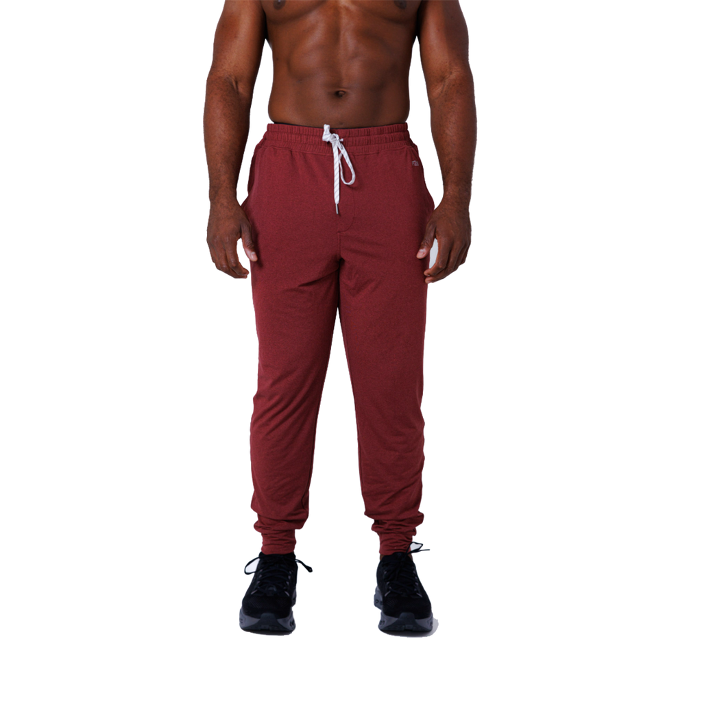 F2R Cationic Jersey Crew Basic Jogger — Heather Red Mahogany — Size Small — Lifestyle View