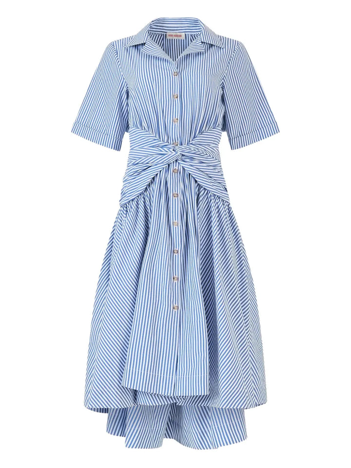 Rosie Assoulin Striped Midi Dress — Blue/ Navy/ Red — Size S — Front View