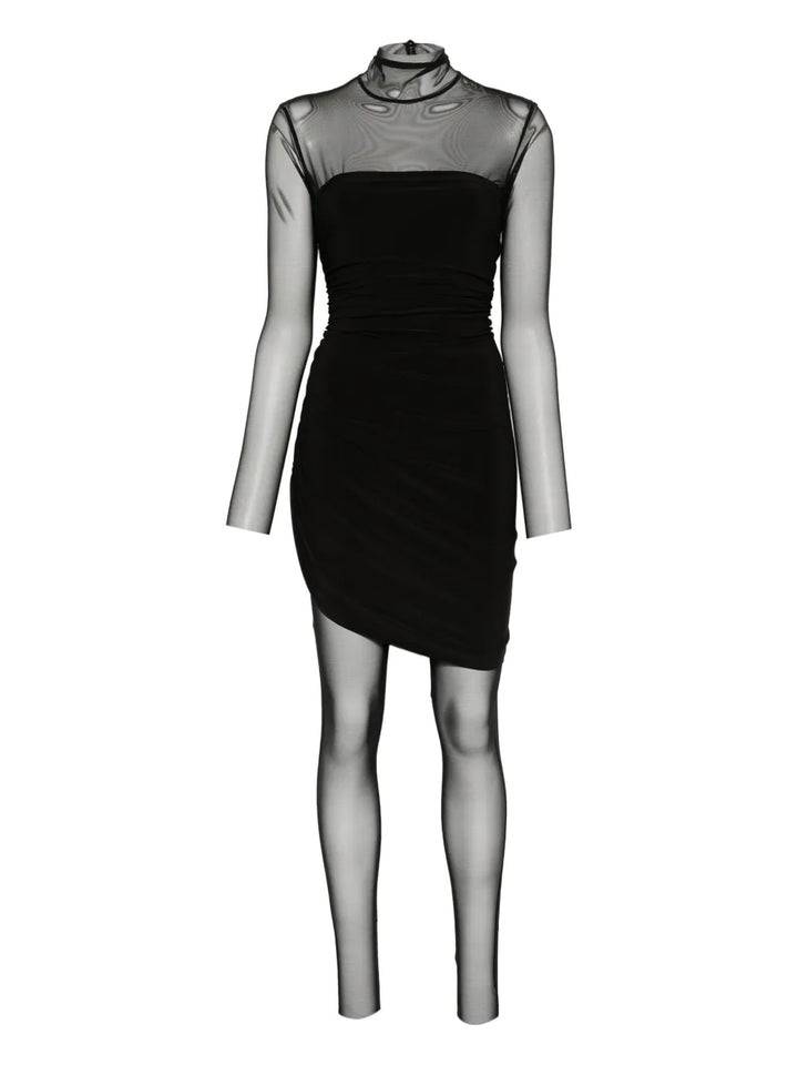 Norma Kamali Mesh Panelled Draped Mini Dress — Black — Size S — Front View