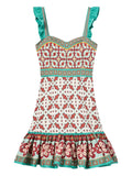 La Doublej Gingerbread Ruffled Printed Mini Dress — Beige/ Red — Size XS — Front View