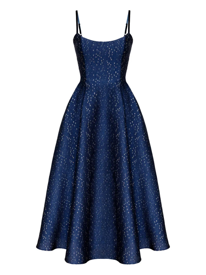 Post Meridiem Jacquard Corset Bustier Midi Dress — Blue/ Navy/ Red — Size XS — Front View