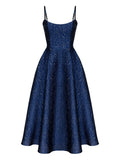 Post Meridiem Jacquard Corset Bustier Midi Dress — Blue/ Navy/ Red — Size XS — Front View