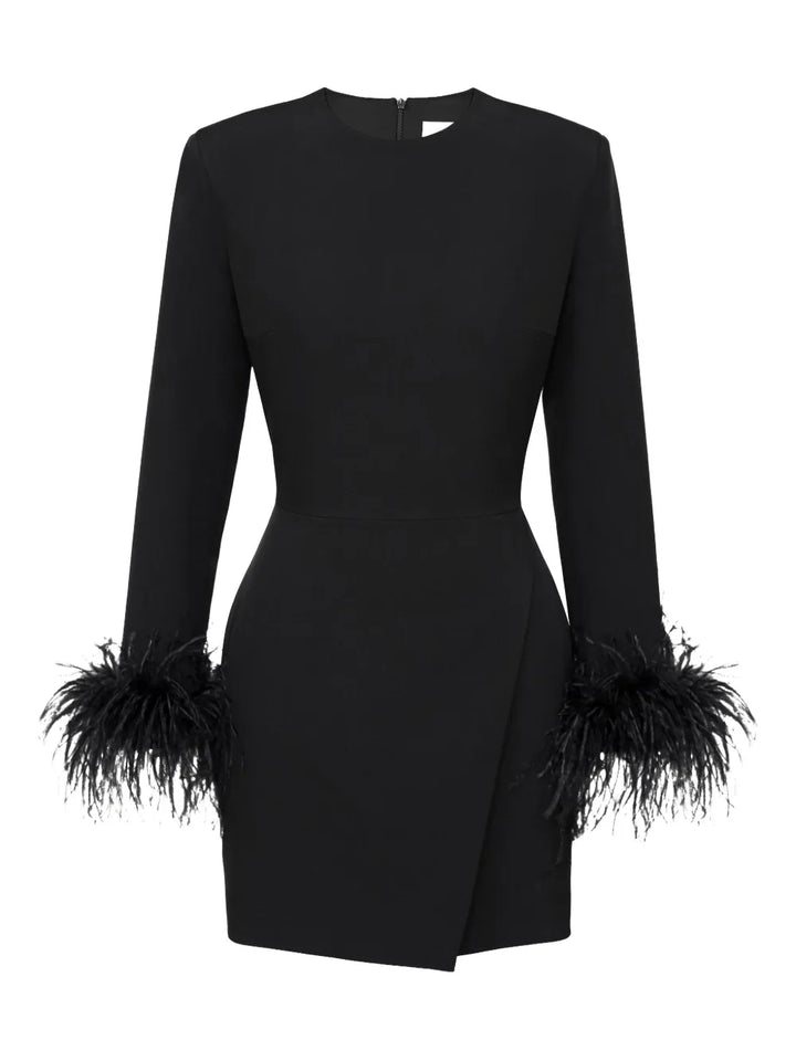 Post Meridiem Wrap Feather Sleeve Mini Dress — Black — Size XS — Front View