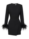 Post Meridiem Wrap Feather Sleeve Mini Dress — Black — Size XS — Front View