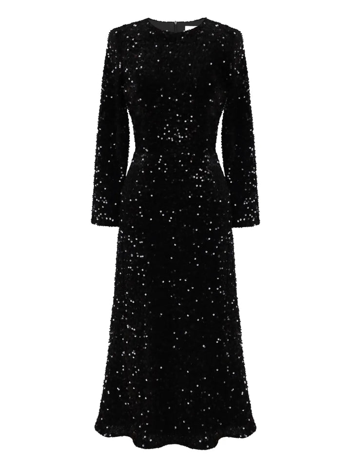 Post Meridiem Sequin Embellished Velvet Midi Dress — Black — Size S — Front View