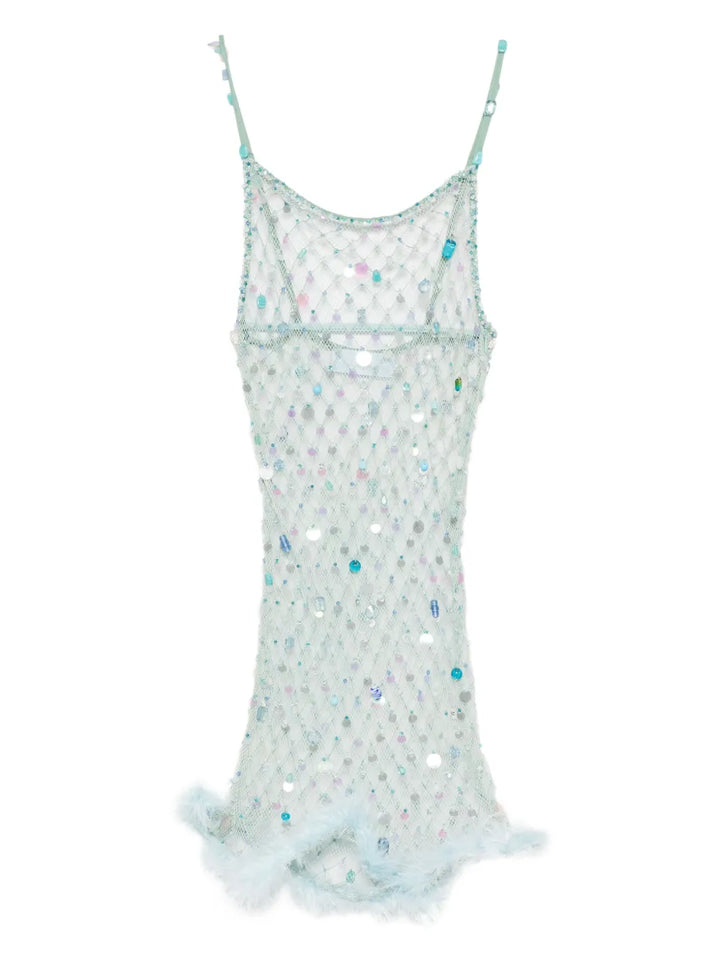 Roberta Einer Feather Trim Mesh Mini Dress — Blue — Size XS — Front View