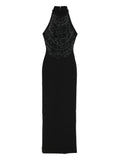 Solace London Portia Embellished Halterneck Maxi Dress — Black — Size XS — Front View