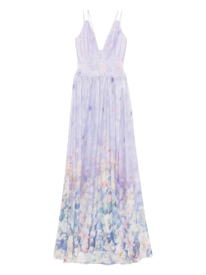 Saiid Kobeisy Floral Printed Long Dress — Purple — Size XS — Front View