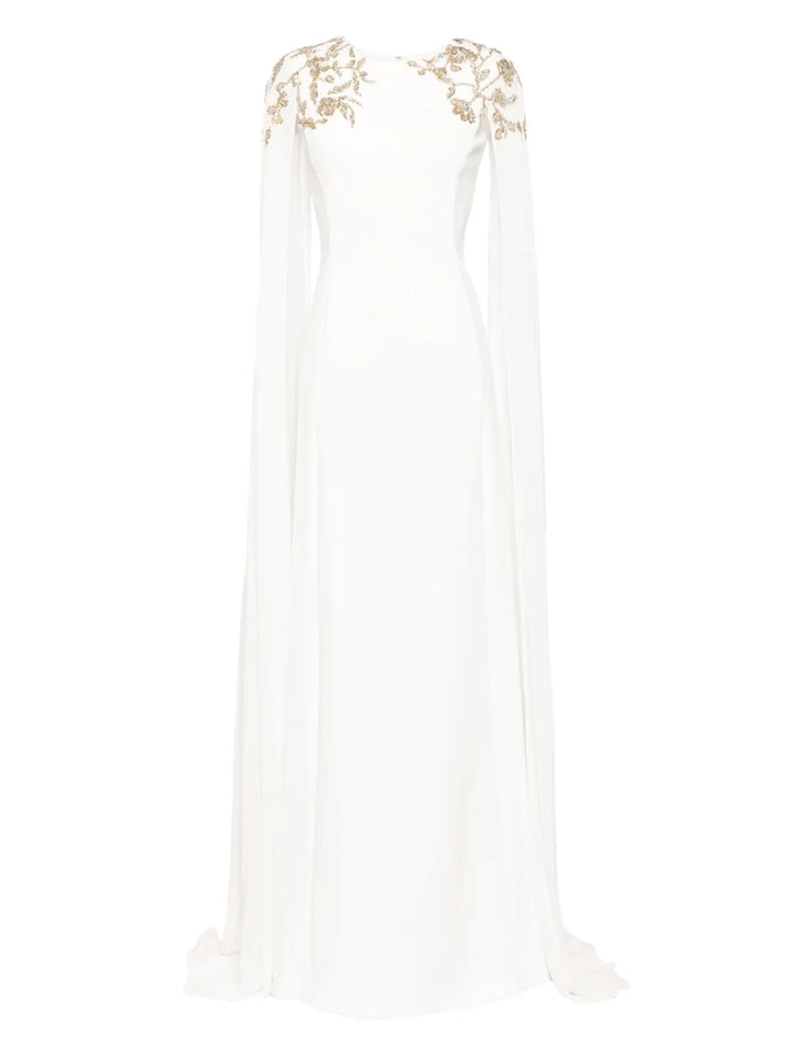 Saiid Kobeisy Embellished Crepe Kaftan Dress — White/ Tan/ Red — Size XS — Front View