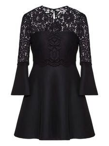 Valentino Garavani Lace Paneled Flared Dress — Black/ Red — Size XS — Front View
