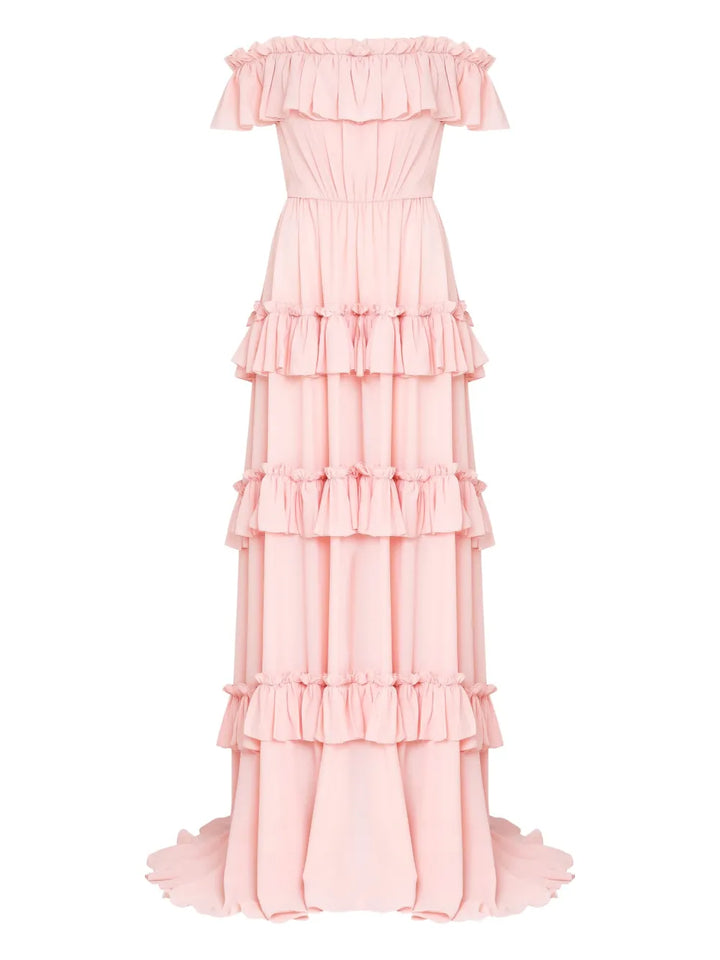 Olympiah Ruffled Off The Shoulder Gown — Red/ Pink — Size XS — Front View