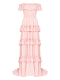 Olympiah Ruffled Off The Shoulder Gown — Red/ Pink — Size XS — Front View