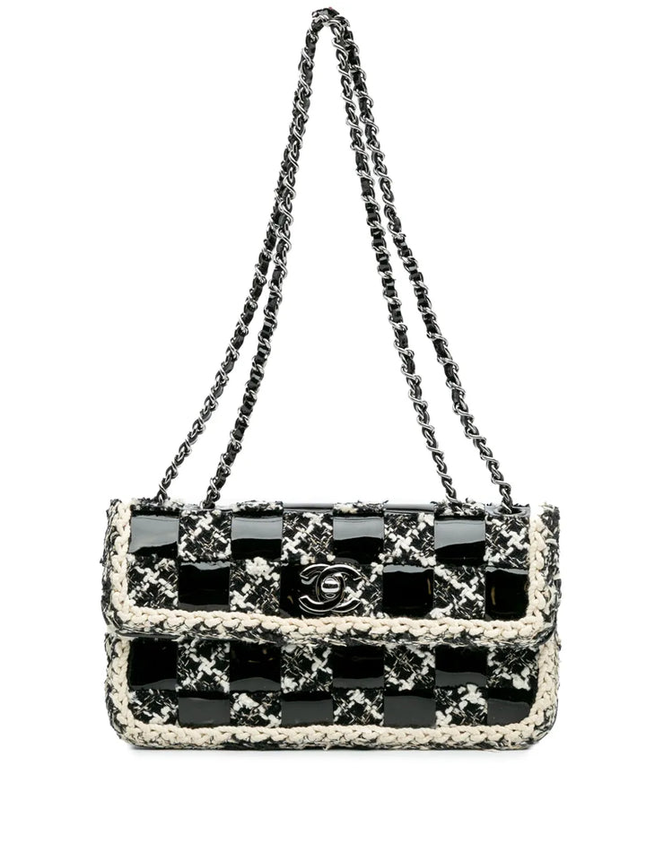Chanel Pre Owned 2004 2005 Mini Woven Patent And Tweed Chessboard Single Flap Shoulder Bag — Same as shown — Size One Size — Front View