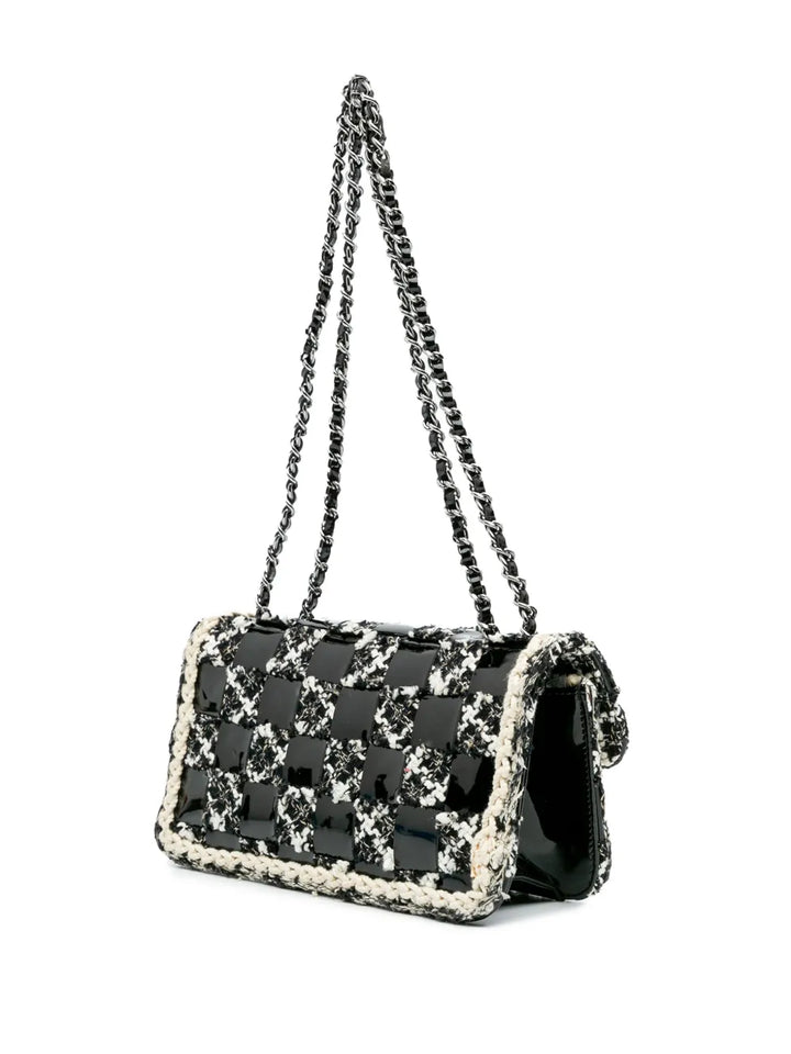 Chanel Pre Owned 2004 2005 Mini Woven Patent And Tweed Chessboard Single Flap Shoulder Bag — Same as shown — Size One Size — Back View