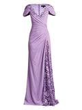 Tadashi Shoji Sunas Flower Embellished Draped Gown — Purple — Size XS — Front View