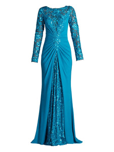 Tadashi Shoji Whitley Sequin Embellished Floral Gown — Blue — Size S — Front View