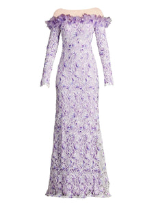 Tadashi Shoji Liora Off Shoulder Floral Lace Gown — Red/ Purple — Size XXS — Front View