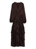 Maje V Neck Ruffled Dress — Brown/ Red — Size XS — Front View
