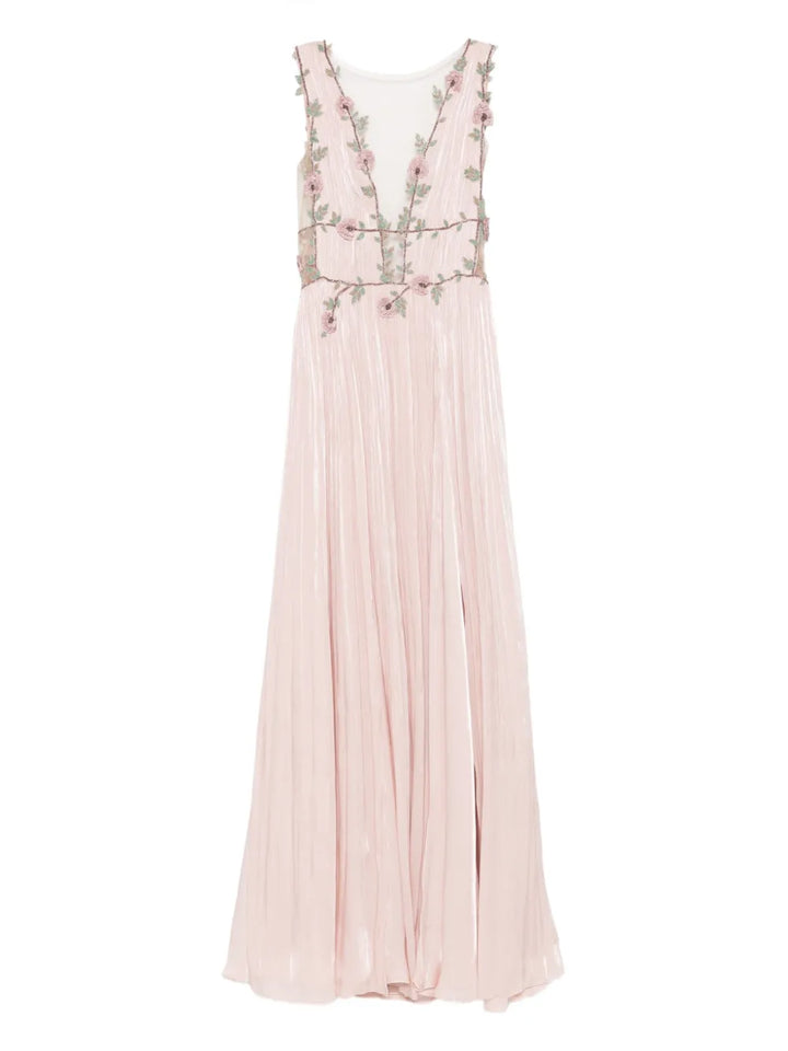 Costarellos Floral Embellished Pleated Maxi Dress — Pink — Size XS — Front View