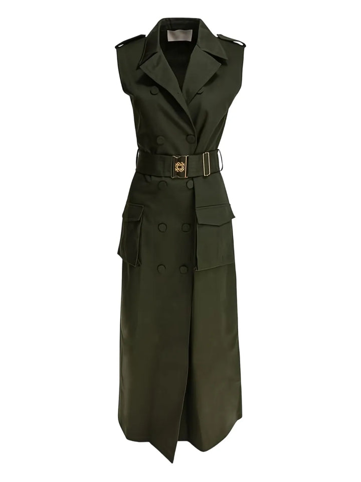 Elie Saab Belted Double Breasted Midi Dress — Green — Size XS — Front View