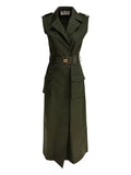 Elie Saab Belted Double Breasted Midi Dress — Green — Size XS — Front View