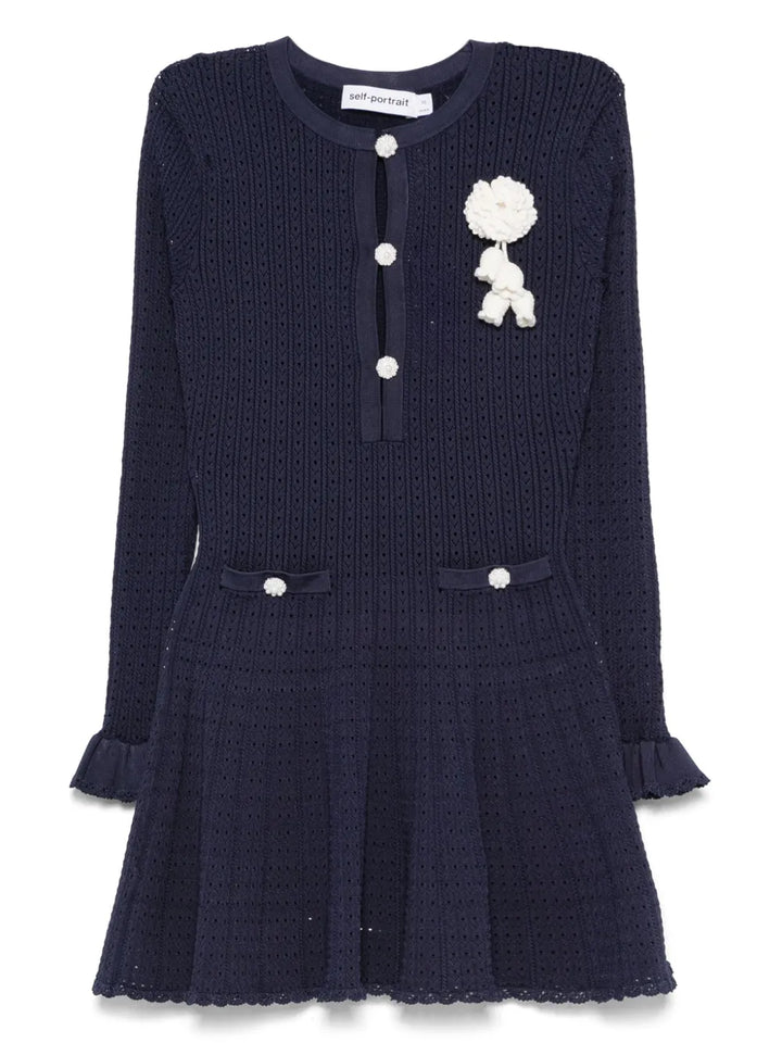 Self Portrait Crochet Knit Dress — Blue/ Navy/ Red — Size XS — Front View