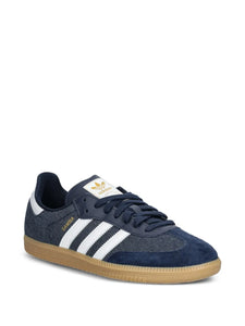 adidas Samba Three-Stripe Sneakers — Navy Blue — Size US M 9 - US W 10.5 — Detail View