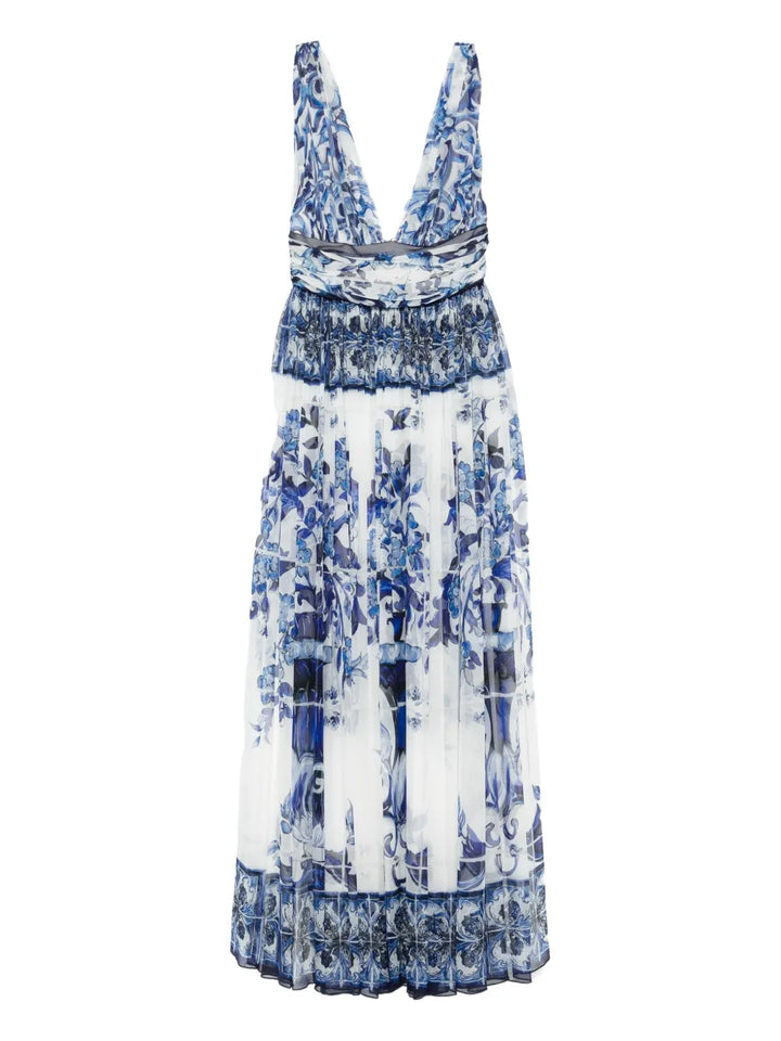Dolce Gabbana Floral Print Dress — White/ Blue — Size XS — Front View