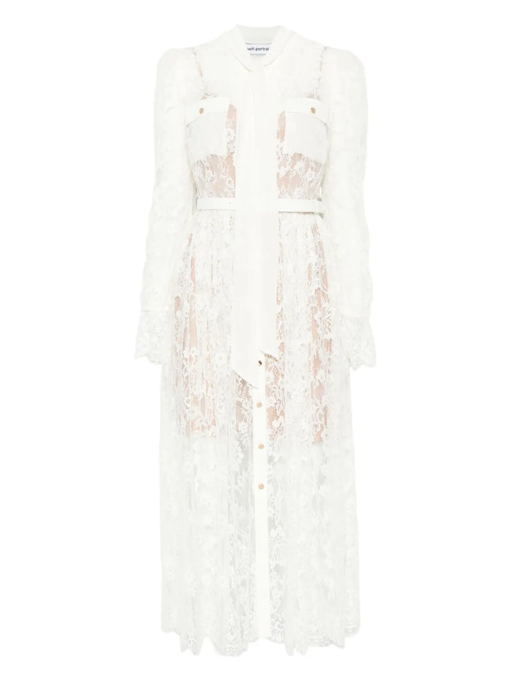 Self Portrait Lace Pussy Bow Midi Dress — White — Size XS — Front View