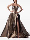 Gaby Charbachy Strapless Draped Gown — Gold — Size S — Front View
