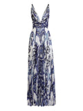 Dolce Gabbana Pleated Print Dress — Blue — Size XS — Front View
