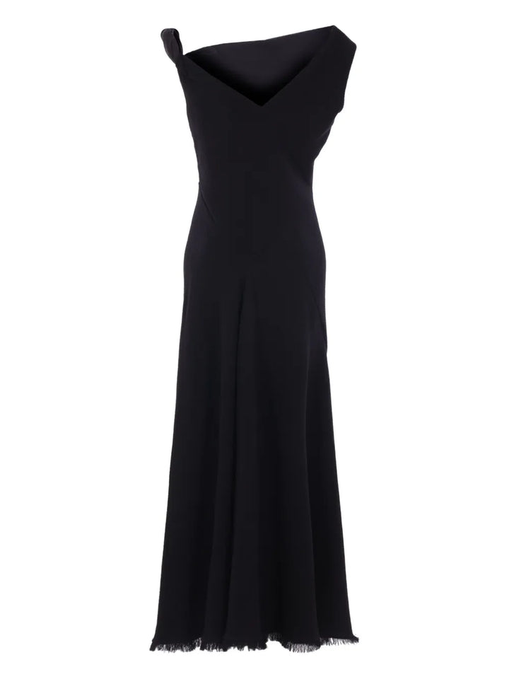 The Row Asymmetric Neckline Fringed Maxi Day Dress — Black — Size XS — Front View