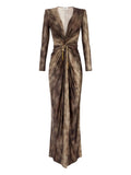 Elisabetta Franchi Twist Front Maxi Dress — Brown/ Gold — Size XS — Front View