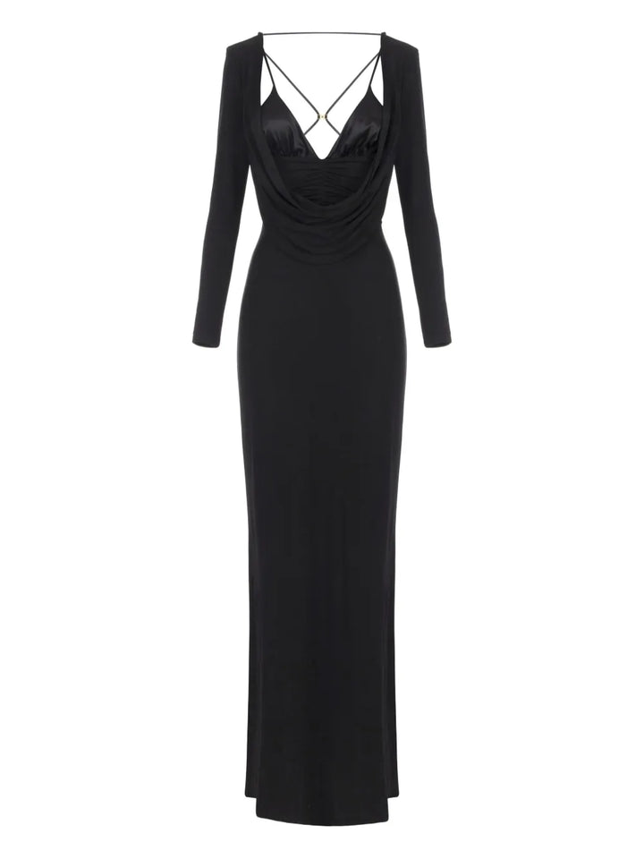 Elisabetta Franchi Draped Long Sleeve Dress — Black/ Red — Size XS — Front View