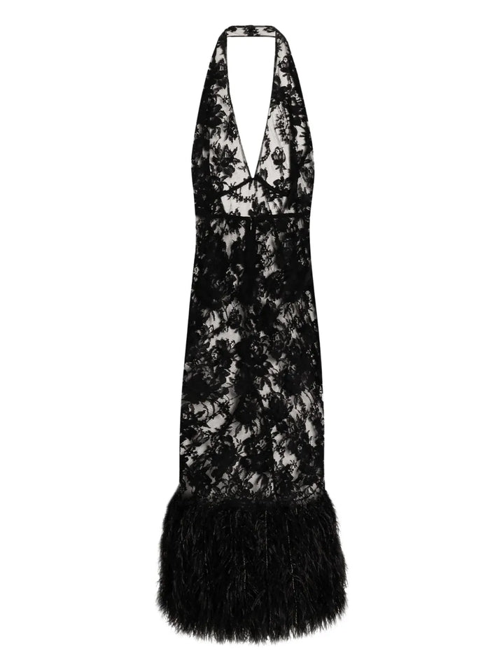 Dolce Gabbana Feather Trimmed Lace Dress — Black — Size S — Front View