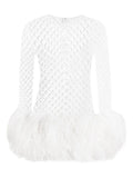 Dolce Gabbana Mesh Feather Trim Mini Dress — White — Size S — Front View