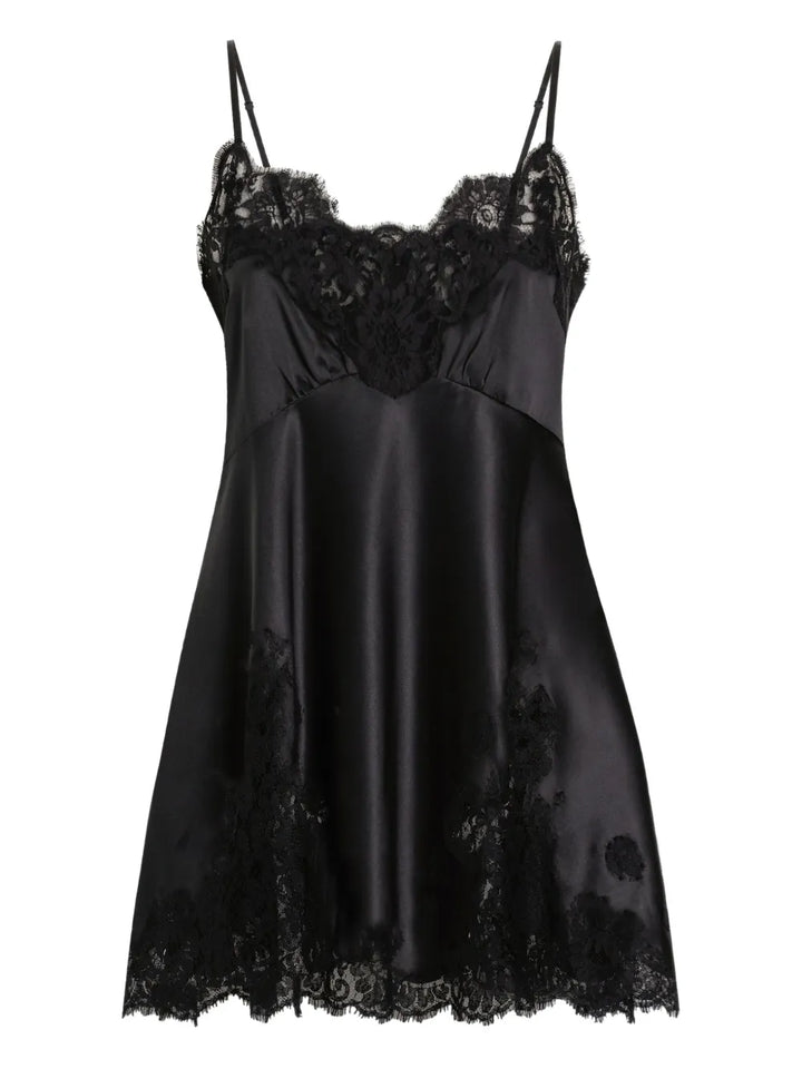 Dolce Gabbana Lace Trimmed Satin Slip Dress — Black — Size XS — Front View