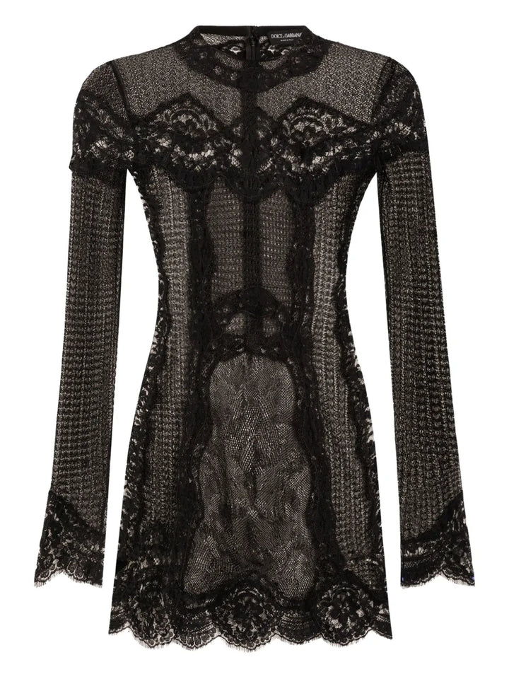 Dolce Gabbana Lace Panel Long Sleeve Mini Dress — Black — Size XS — Front View