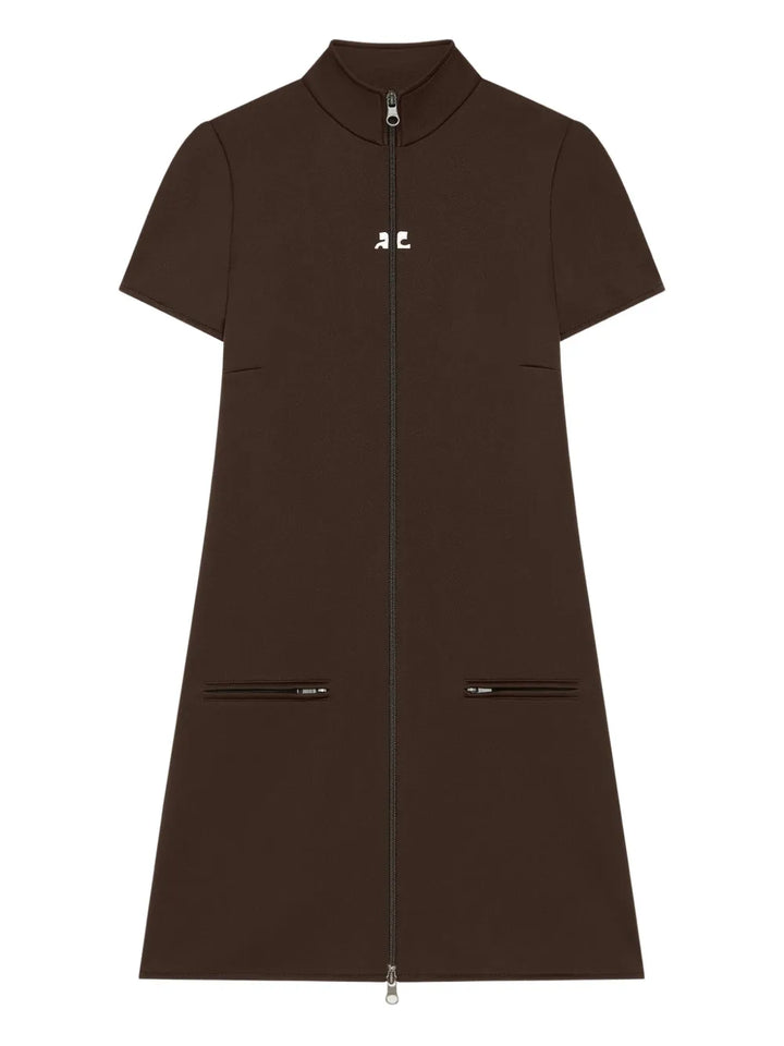 Courreges Zip Up Short Sleeve Dress — Brown — Size XS — Front View