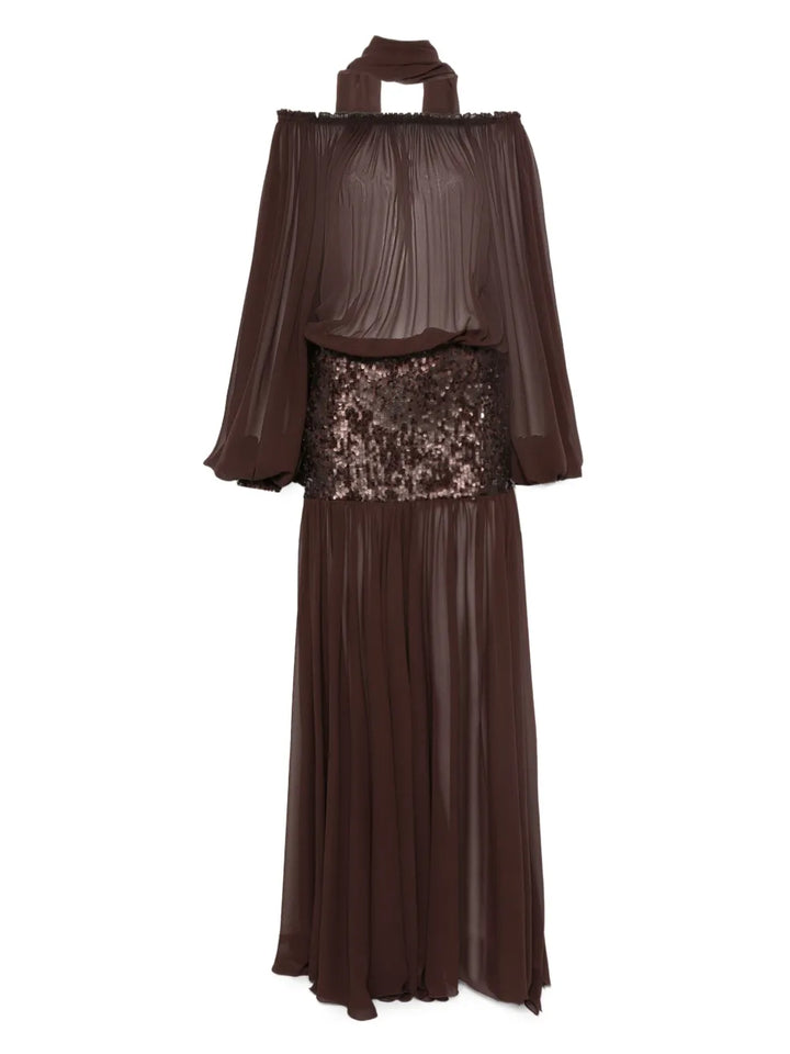Atu Body Couture Sequin Embellished Off Shoulder Dress — Brown/ Red — Size XS — Front View