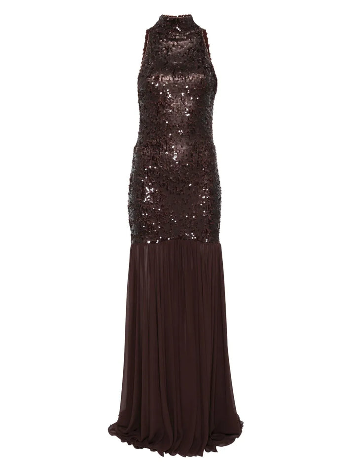Atu Body Couture Sequinned High Neck Dress — Brown/ Red — Size S — Front View