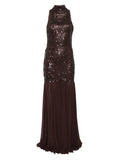 Atu Body Couture Sequinned High Neck Dress — Brown/ Red — Size S — Front View