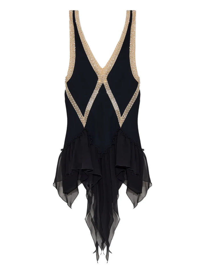 The Attico Embellished Ruffled Mini Dress — Black — Size S — Front View