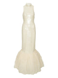 Rotate Birger Christensen Sequin Embellished Ruffled Gown — Cream — Size XS — Front View