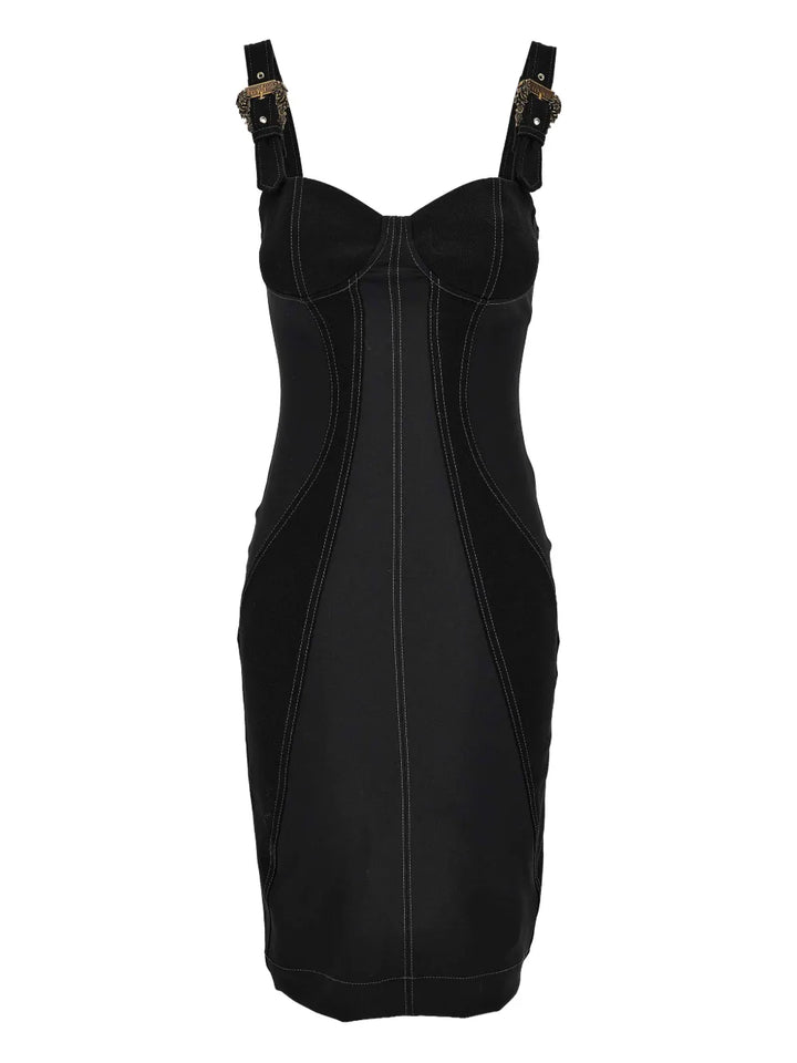 Versace Jeans Couture Buckle Embellished Seam Detail Dress — Black — Size XL — Front View