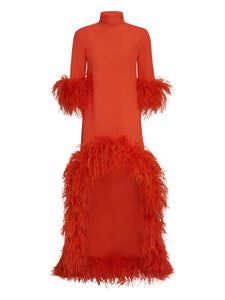 Taller Marmo Gina Extravaganza Feather Trimmed High Low Dress — Orange — Size XS — Front View