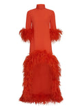 Taller Marmo Gina Extravaganza Feather Trimmed High Low Dress — Orange — Size XS — Front View